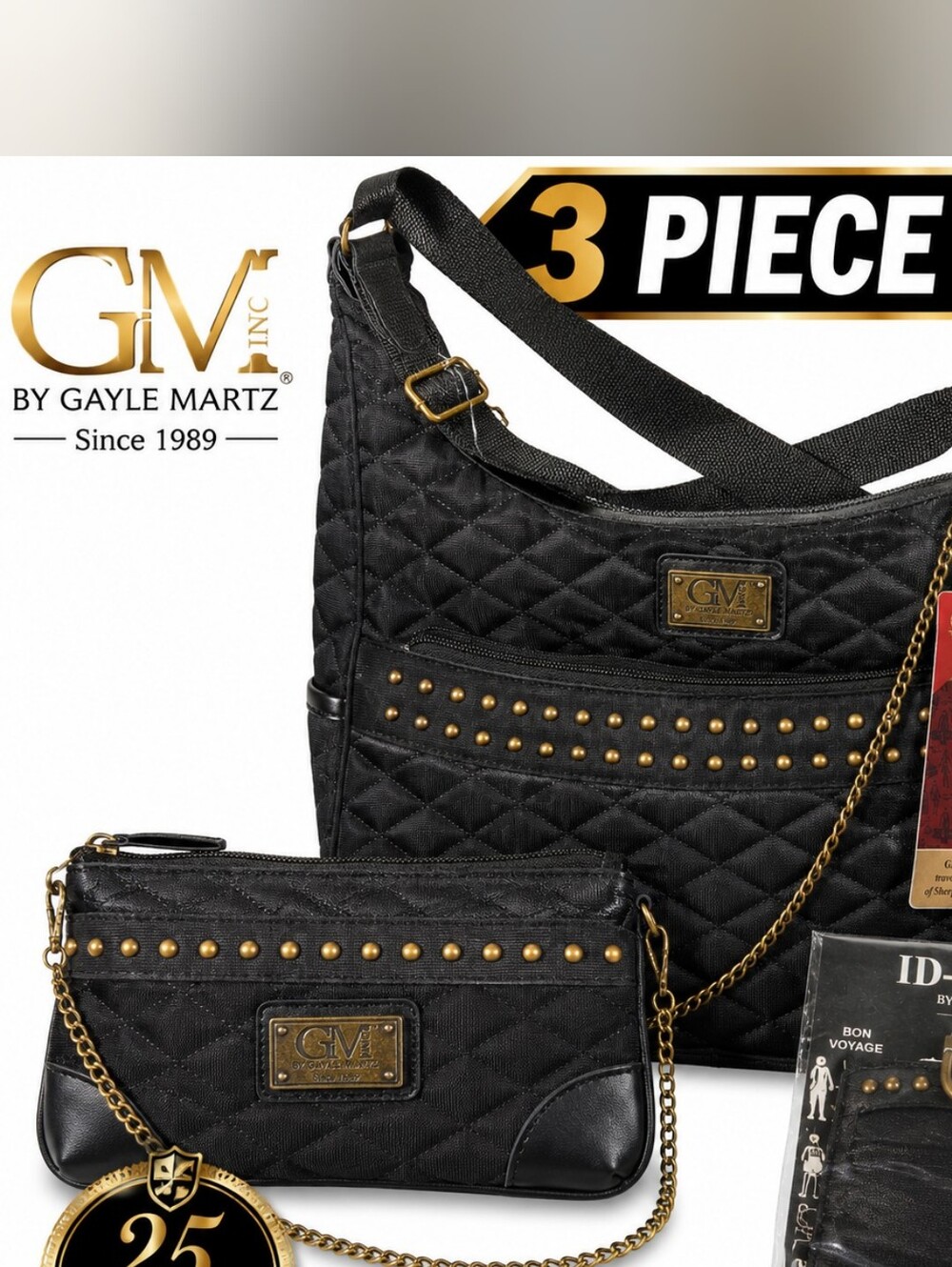 GM by Gayle Martz Black Quilted Shoulder Bag Set with Gold Accents